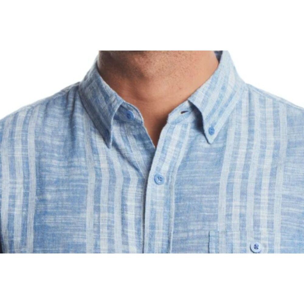 WEATHERPROOF VINTAGE Linen Blend Woven Shirt Mens M Blue Stripe Short Sleeve NWT - Picture 5 of 7